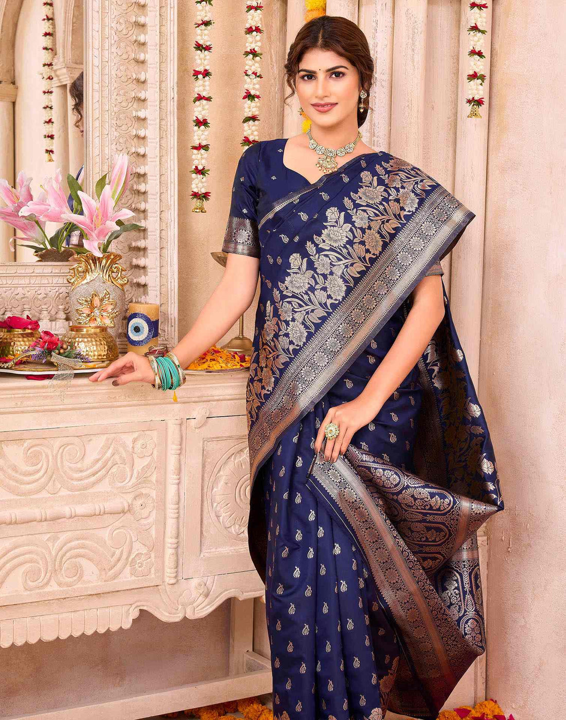 Navy Blue Silk Woven Saree