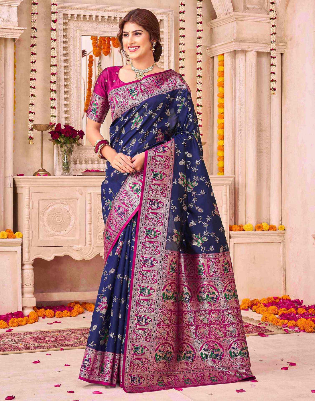 Navy Blue Silk Woven Saree