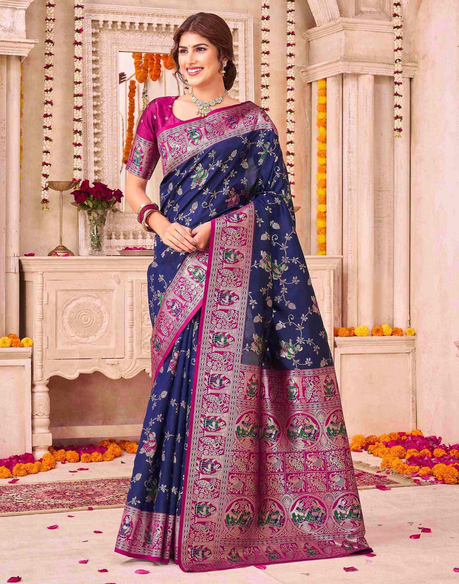 Navy Blue Silk Woven Saree
