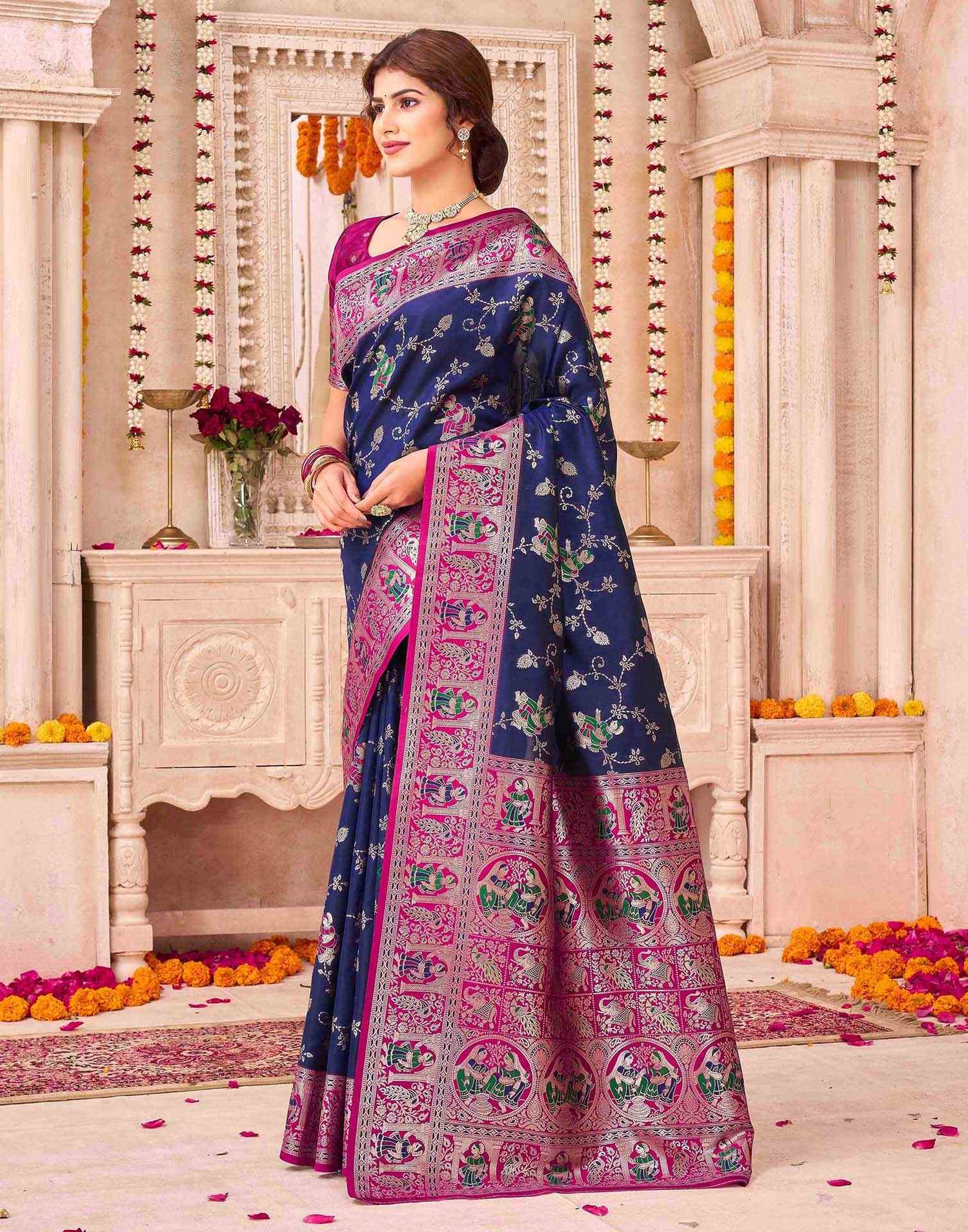 Navy Blue Silk Woven Saree