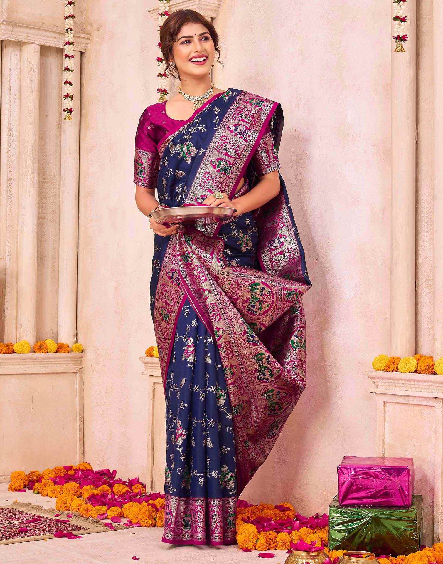 Navy Blue Silk Woven Saree