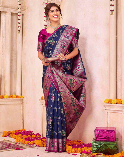 Navy Blue Silk Woven Saree