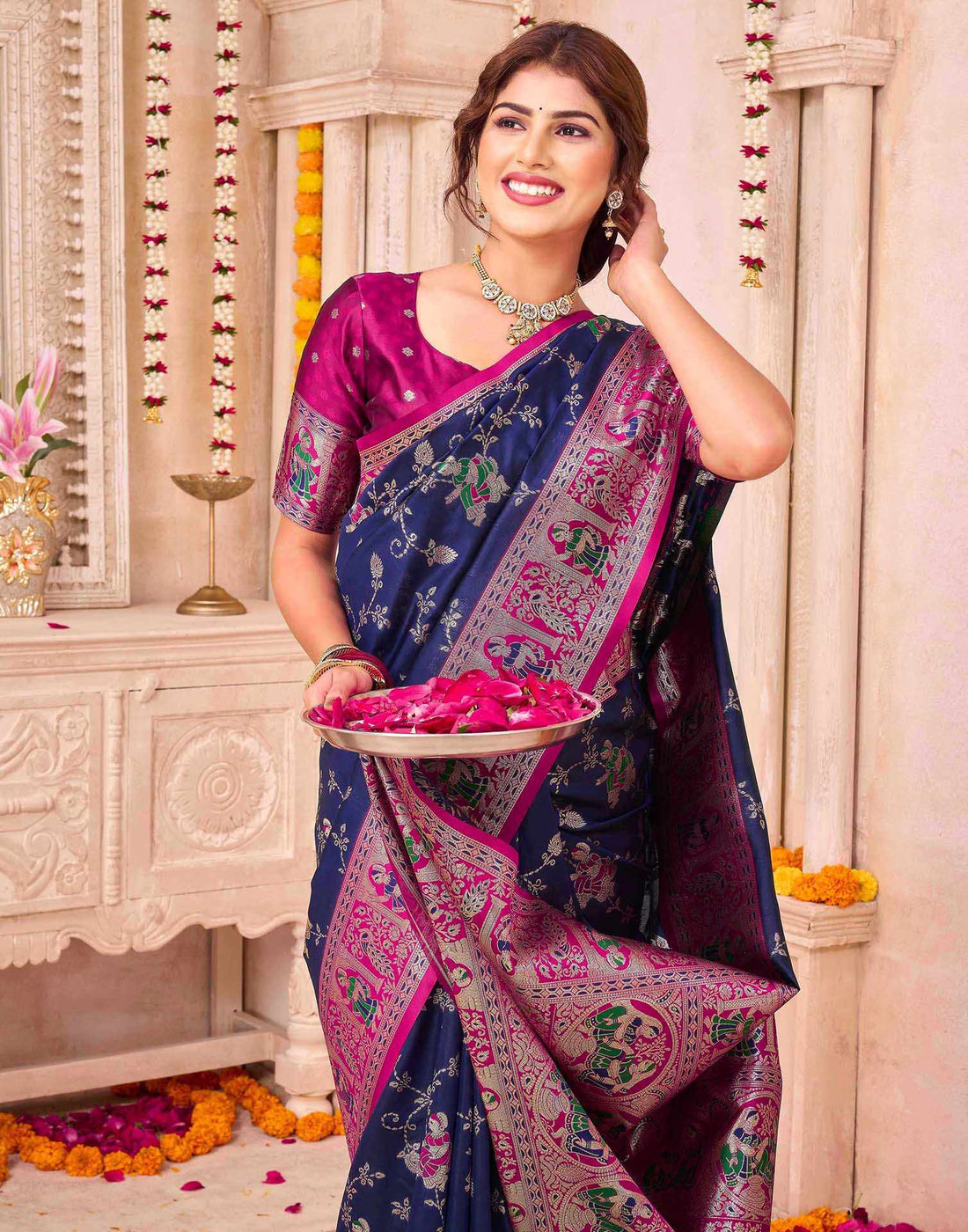 Navy Blue Silk Woven Saree
