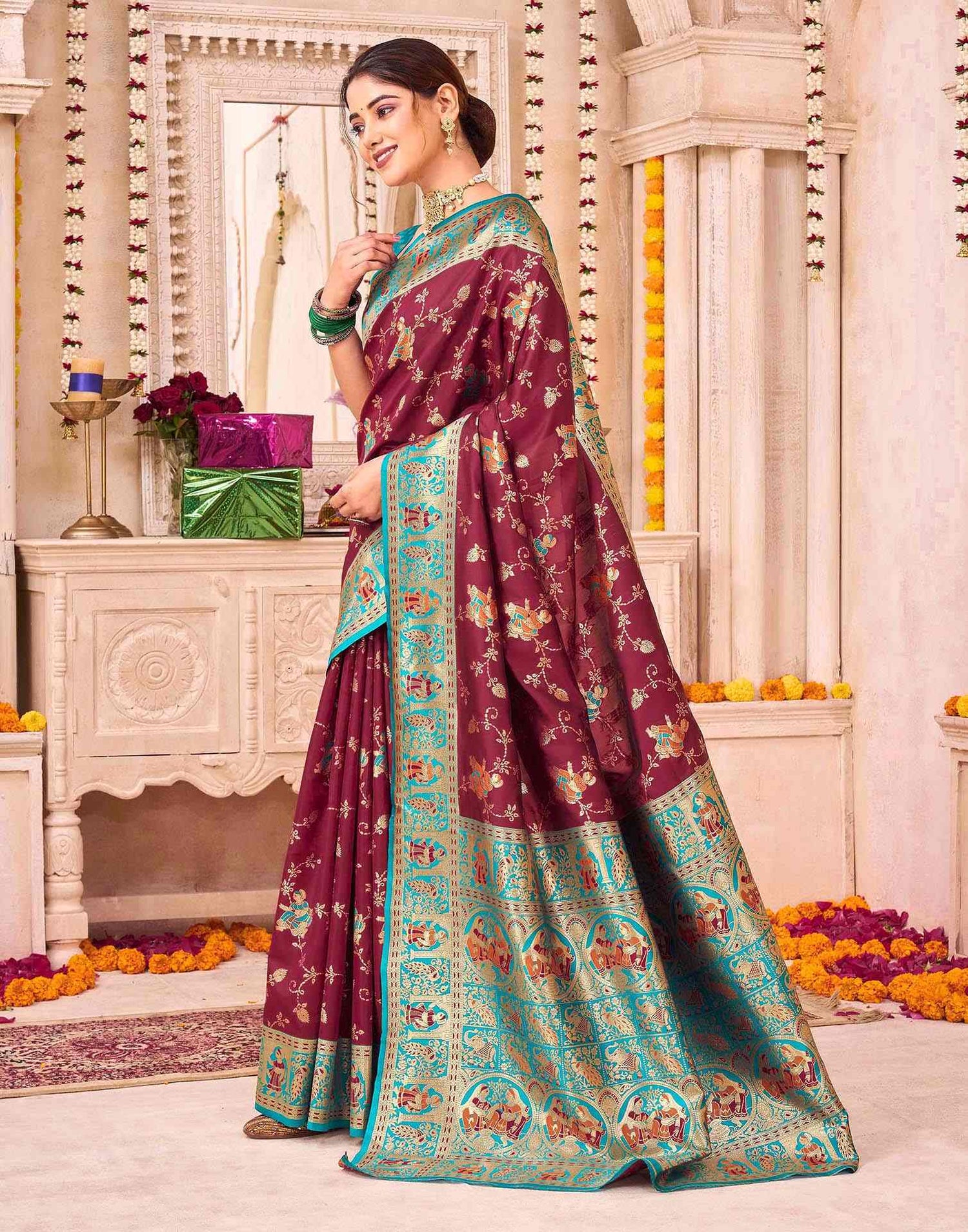 Maroon Silk Woven Saree