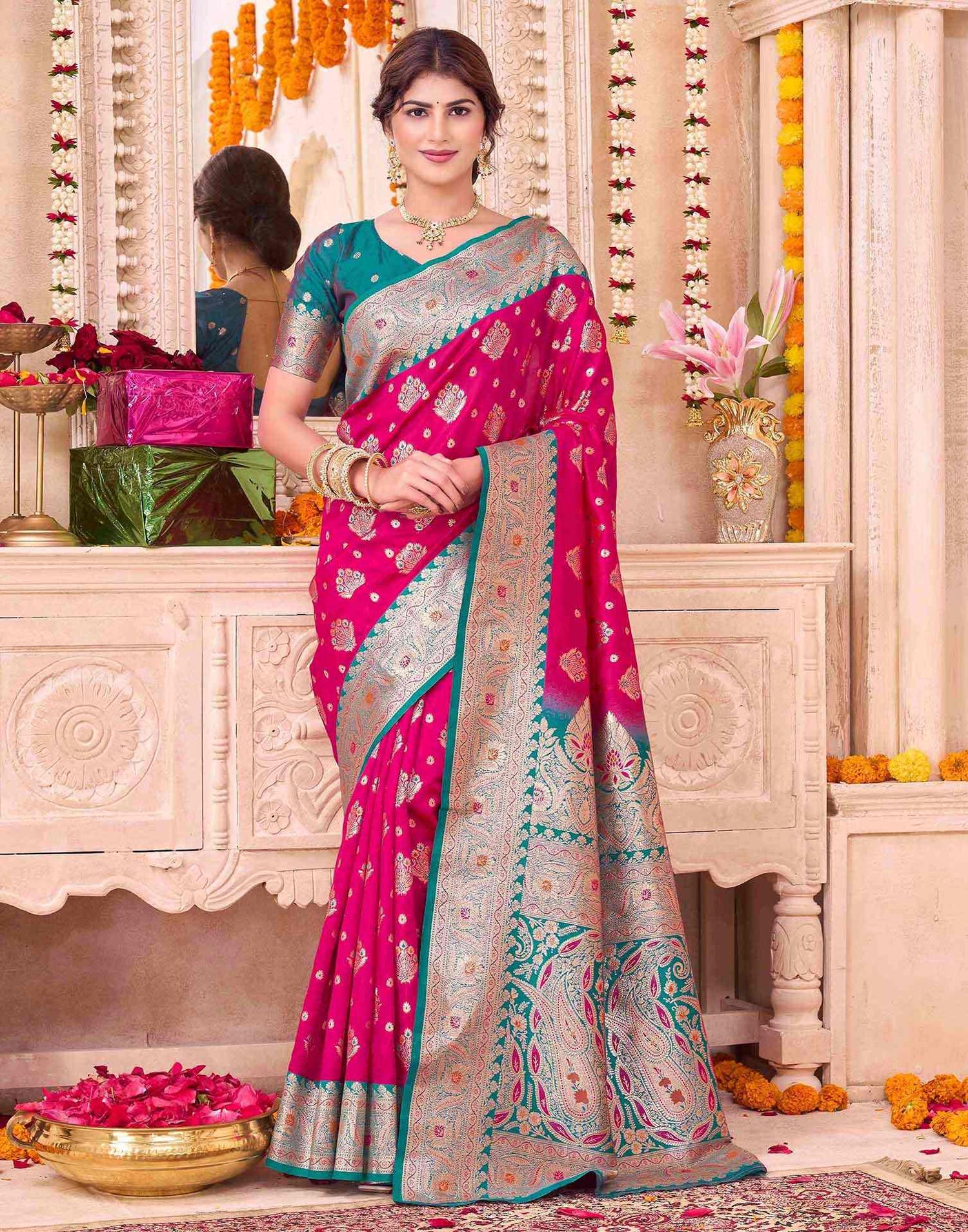 Rani Pink Silk Woven Saree