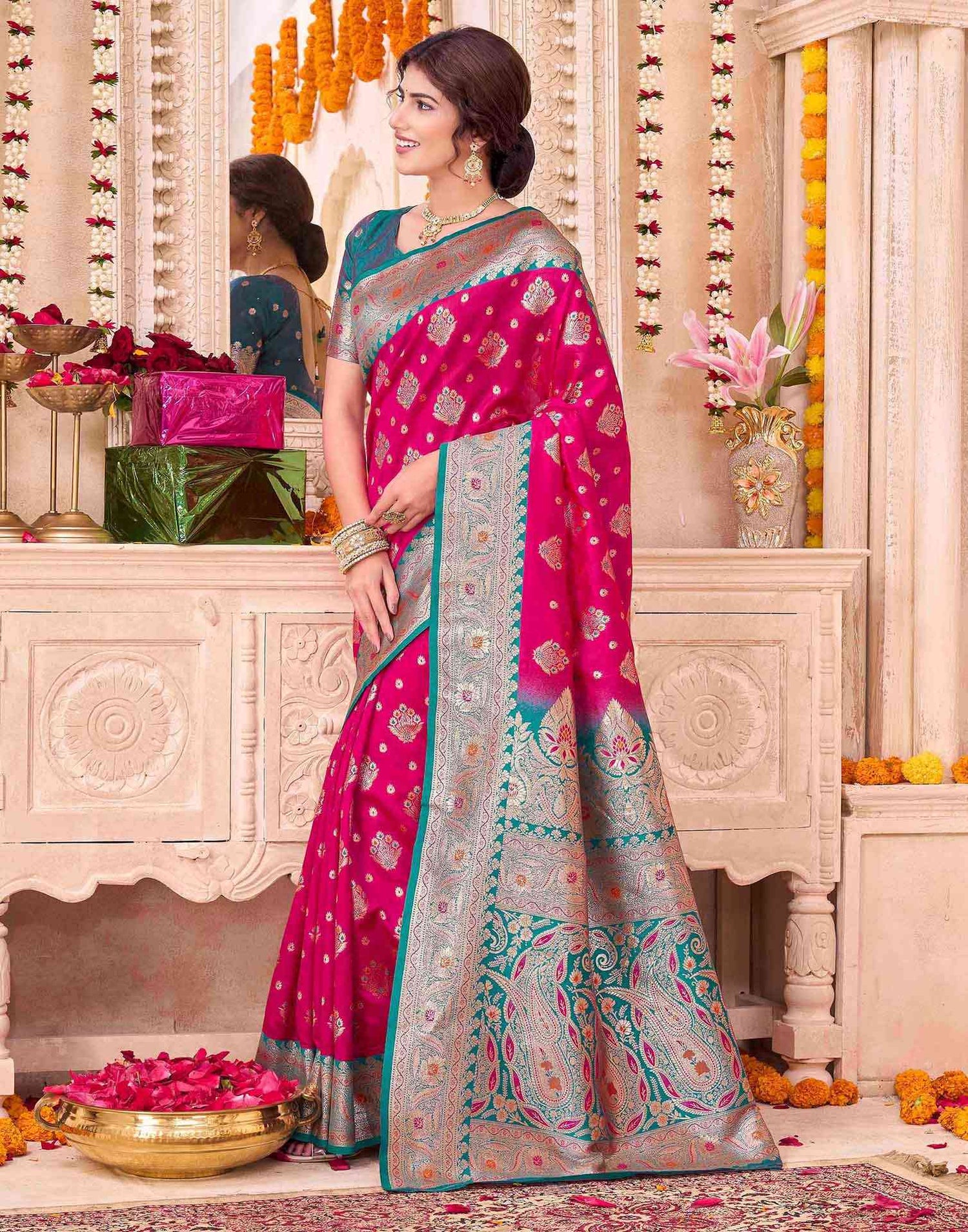 Rani Pink Silk Woven Saree
