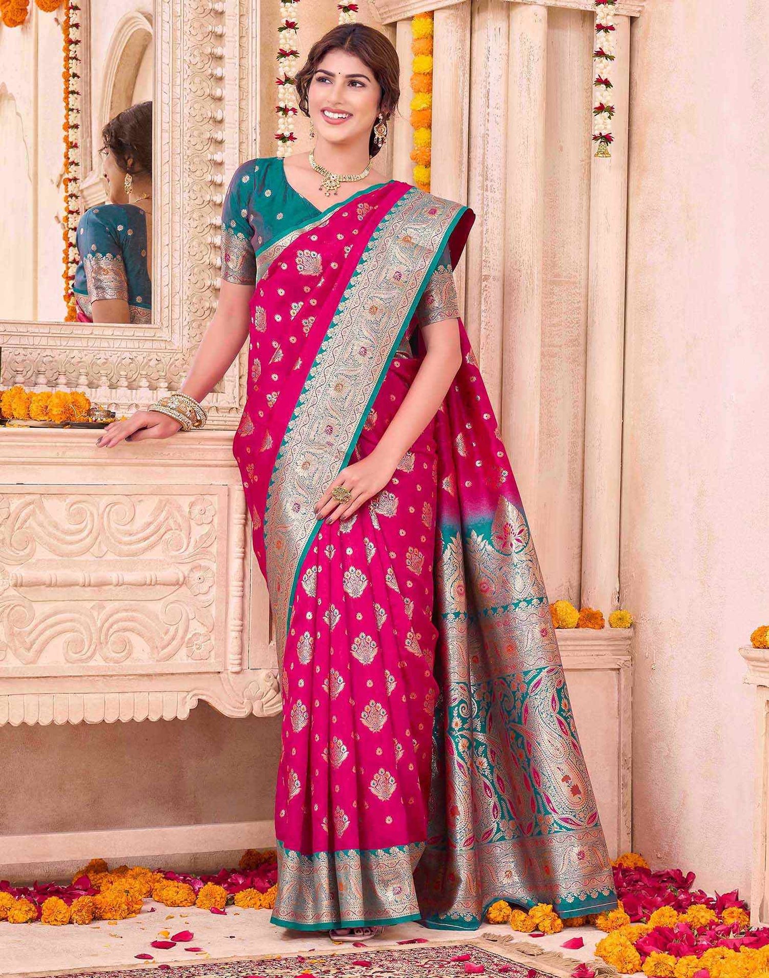 Rani Pink Silk Woven Saree