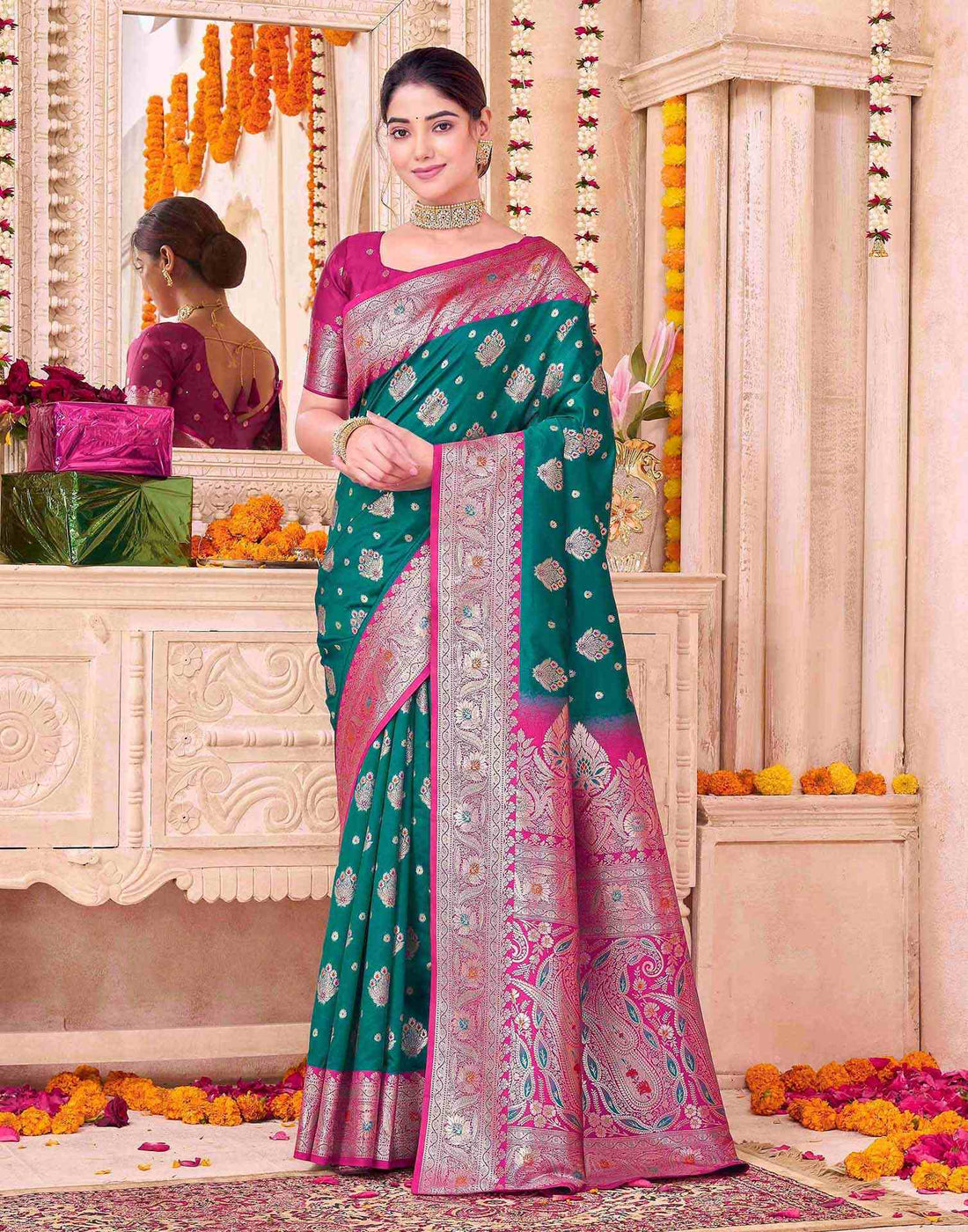 Teal Green Silk Woven Saree