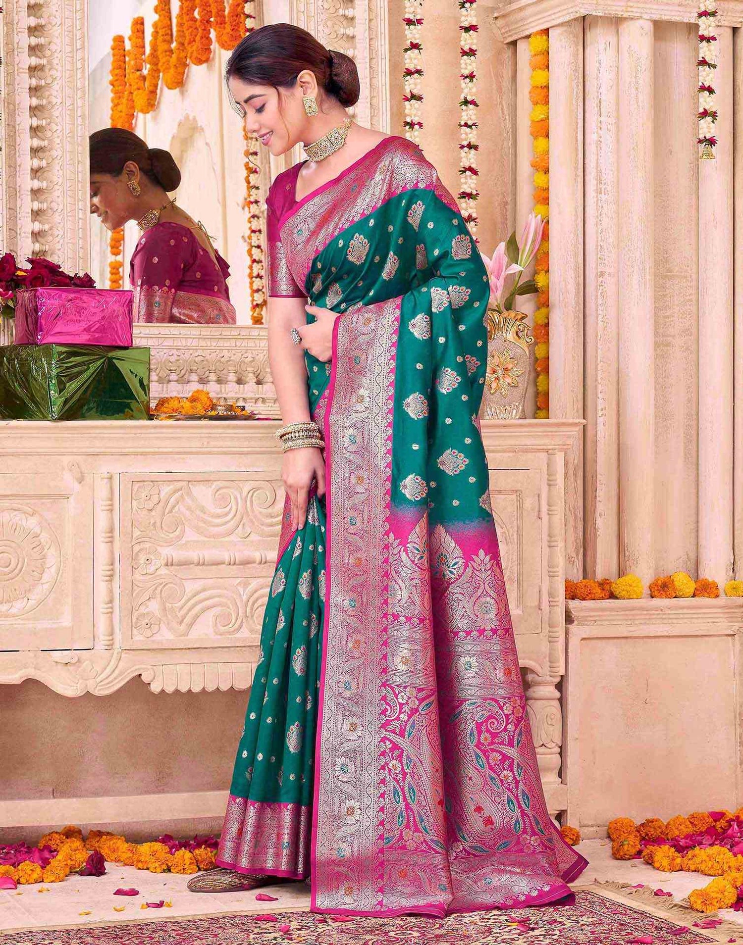 Teal Green Silk Woven Saree