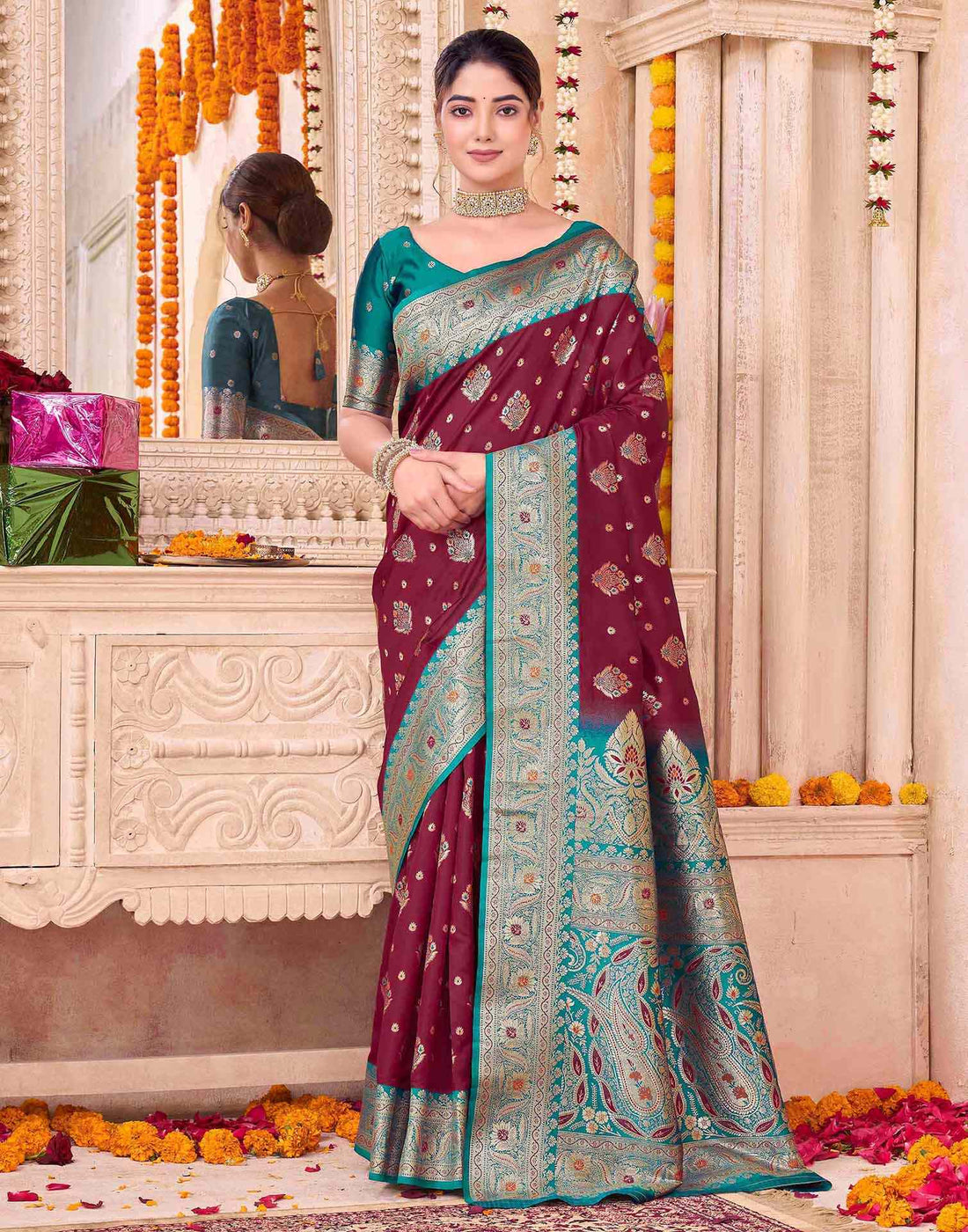 Maroon Silk Woven Saree