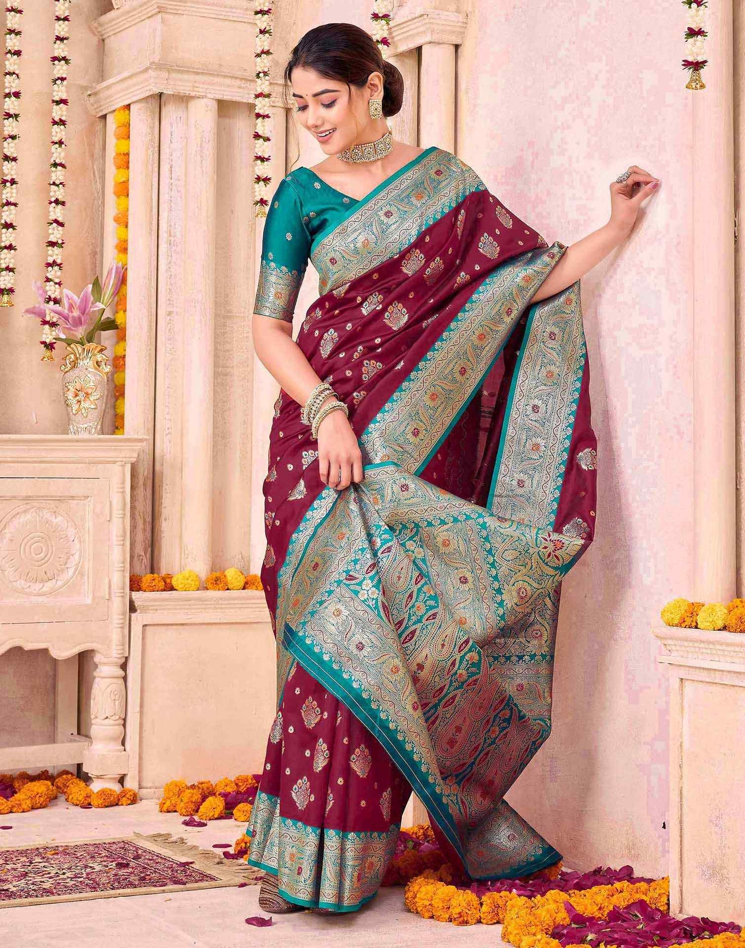 Maroon Silk Woven Saree