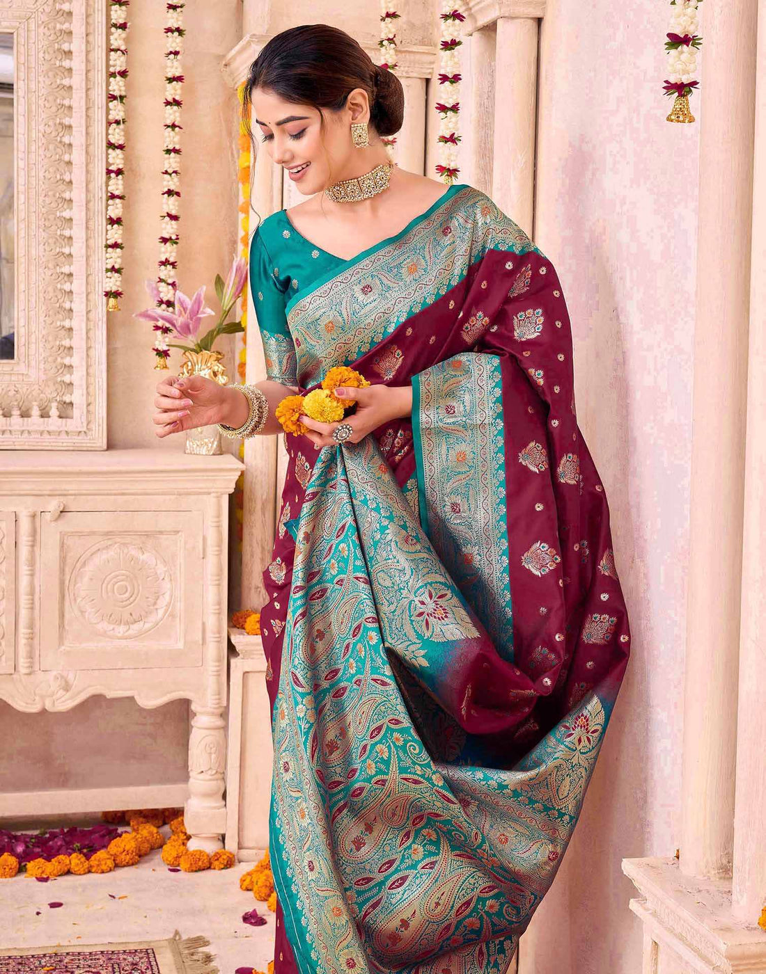 Maroon Silk Woven Saree