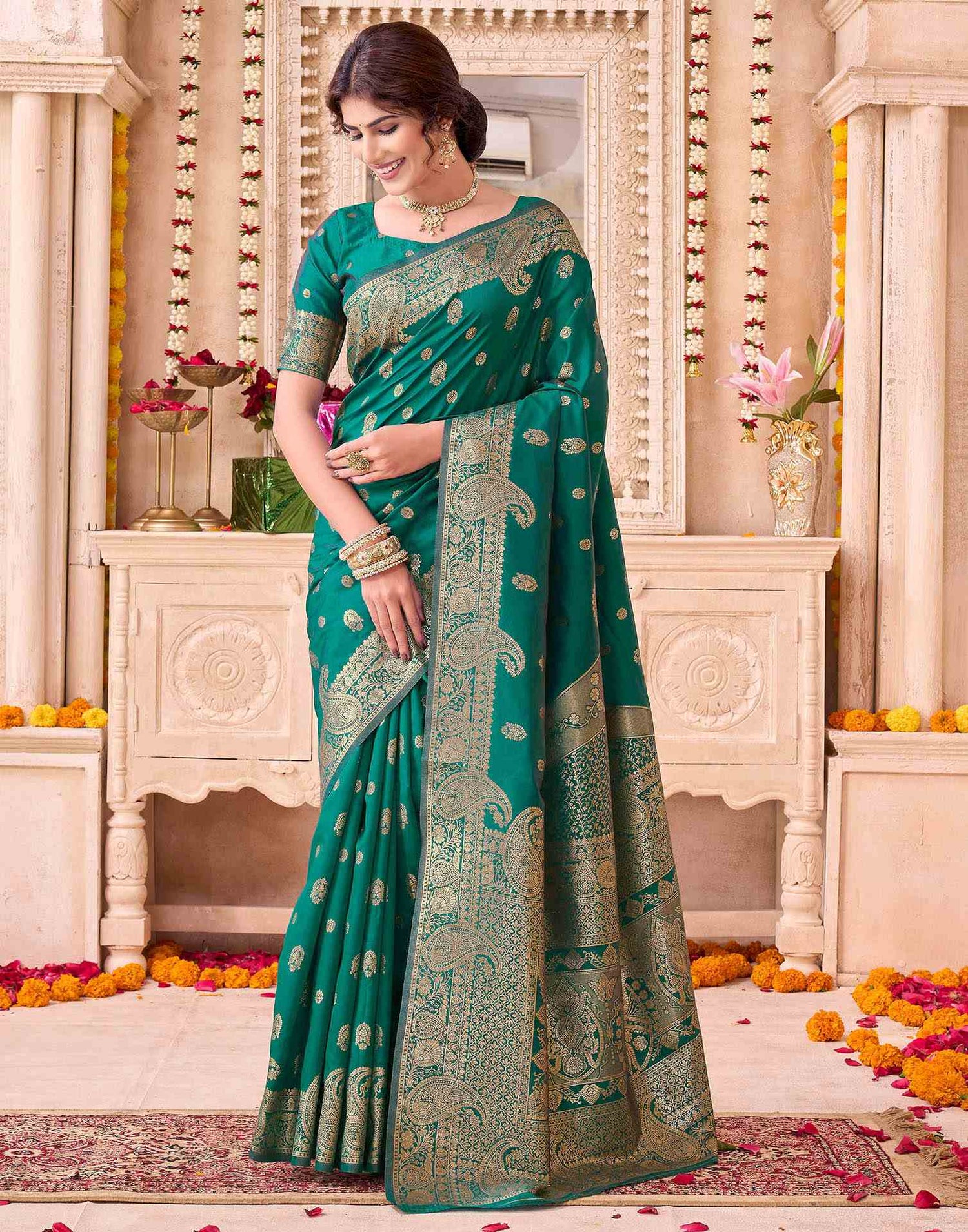 Teal Green Silk Woven Saree