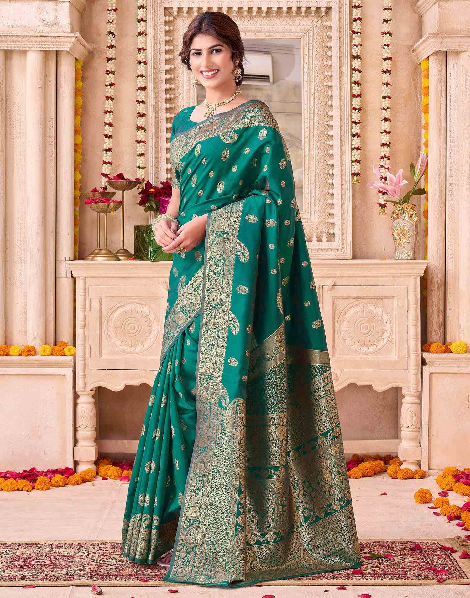 Teal Green Silk Woven Saree