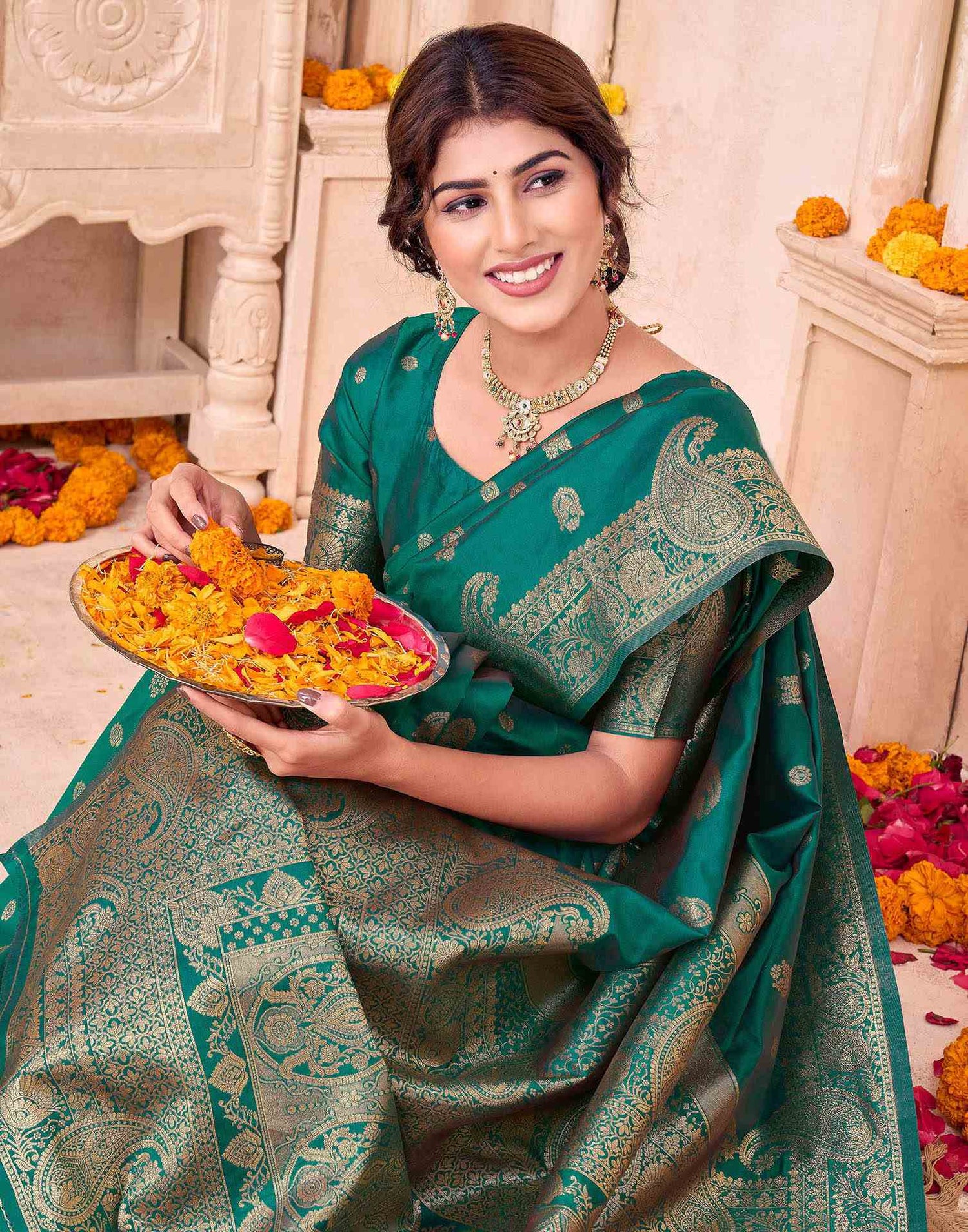 Teal Green Silk Woven Saree