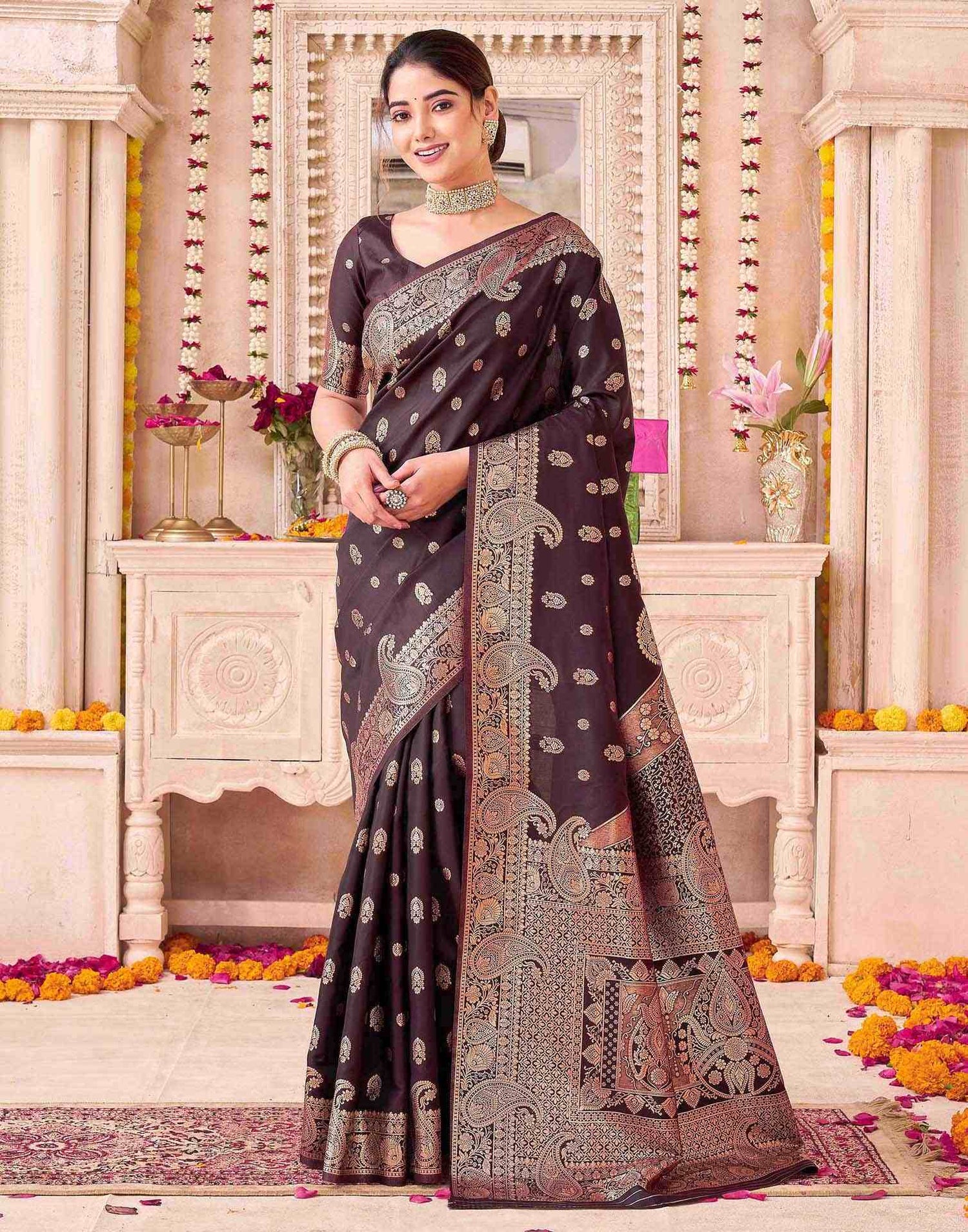 Coffee Brown Silk Woven Saree
