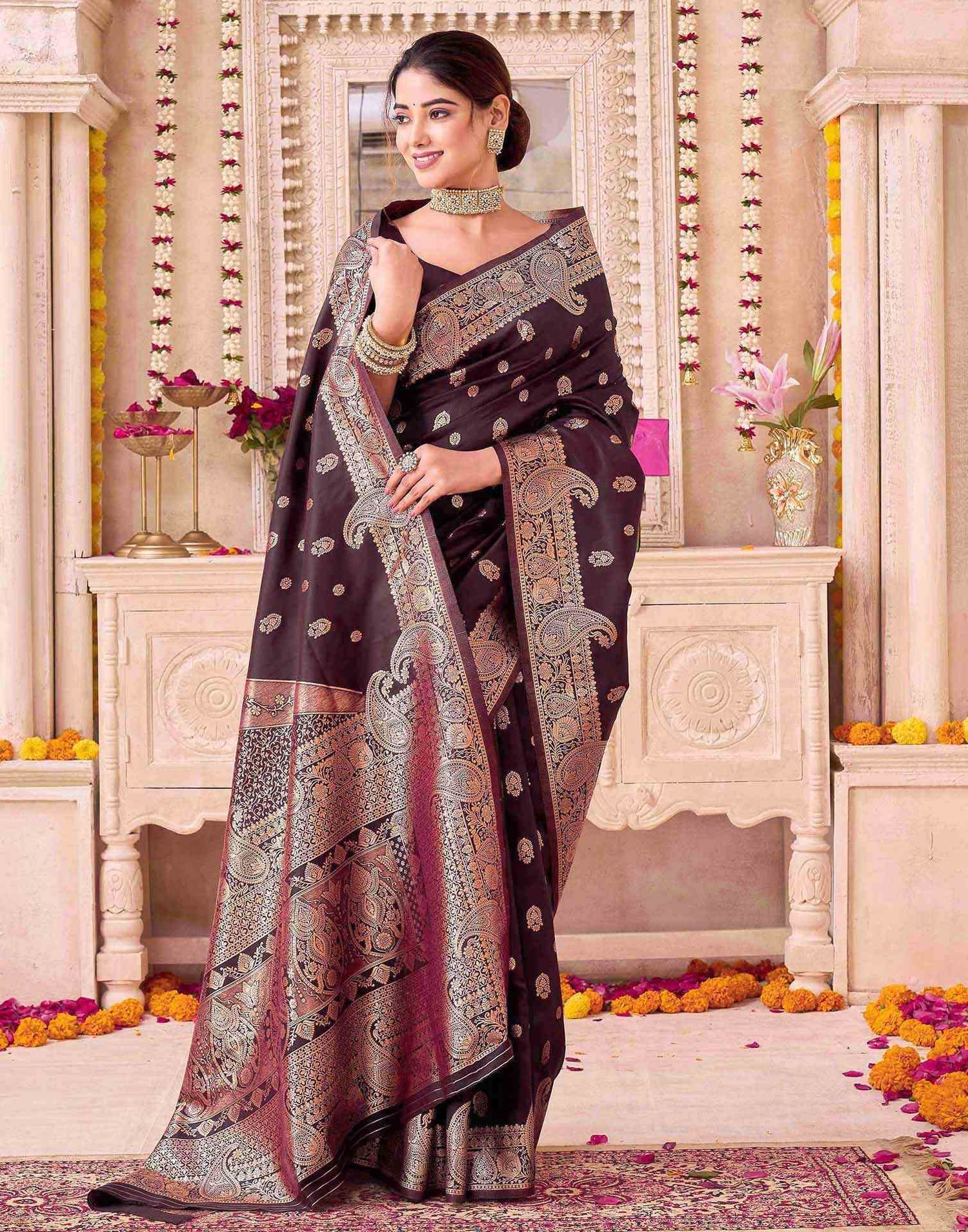 Coffee Brown Silk Woven Saree
