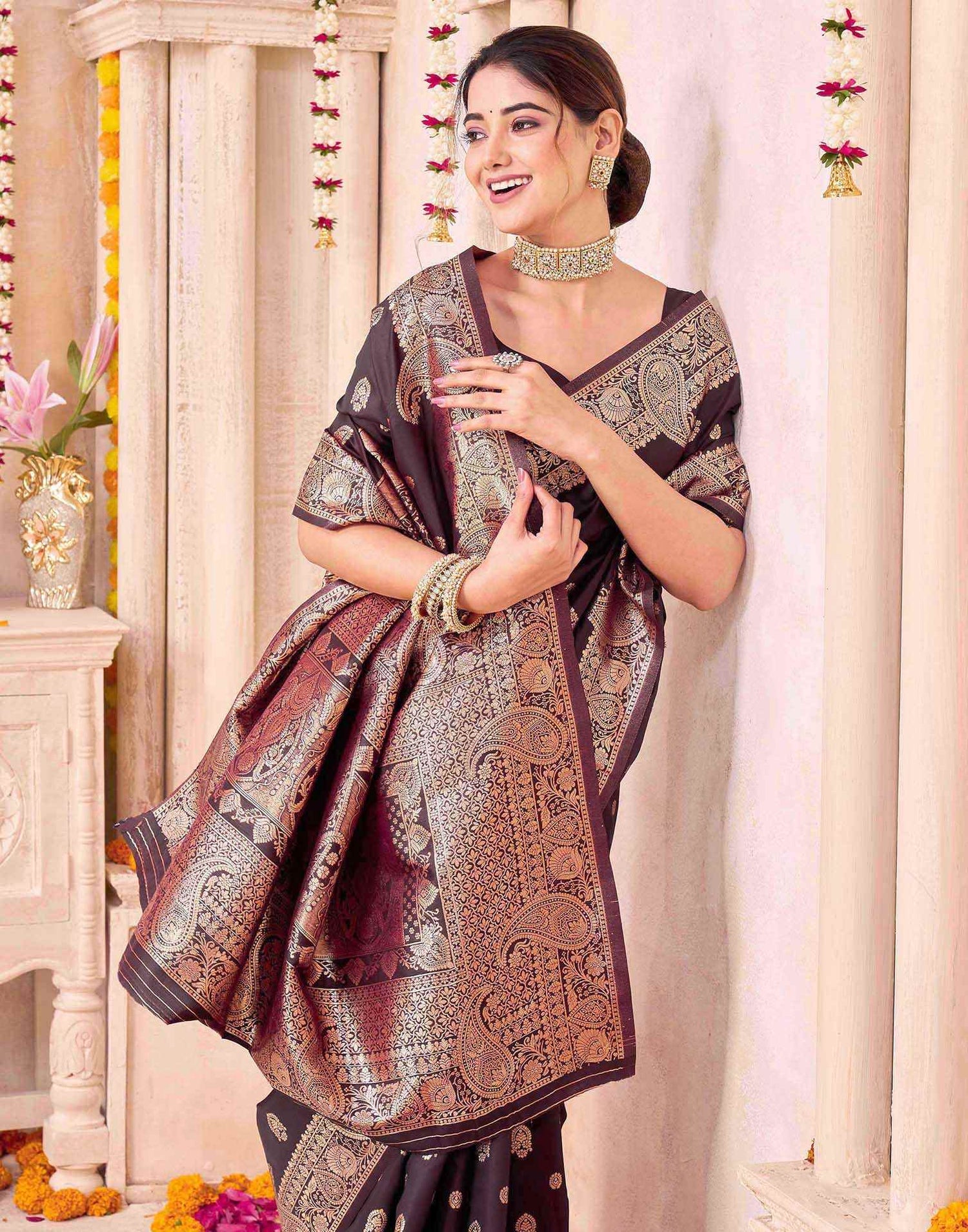 Coffee Brown Silk Woven Saree