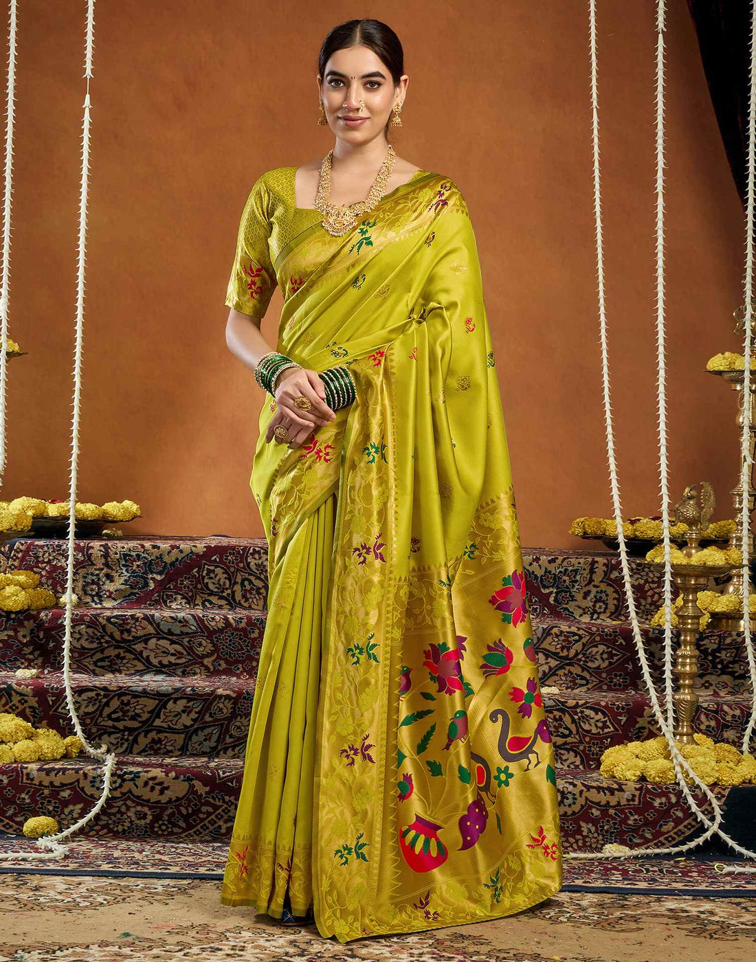 Lime Yellow Silk Woven Paithani Saree