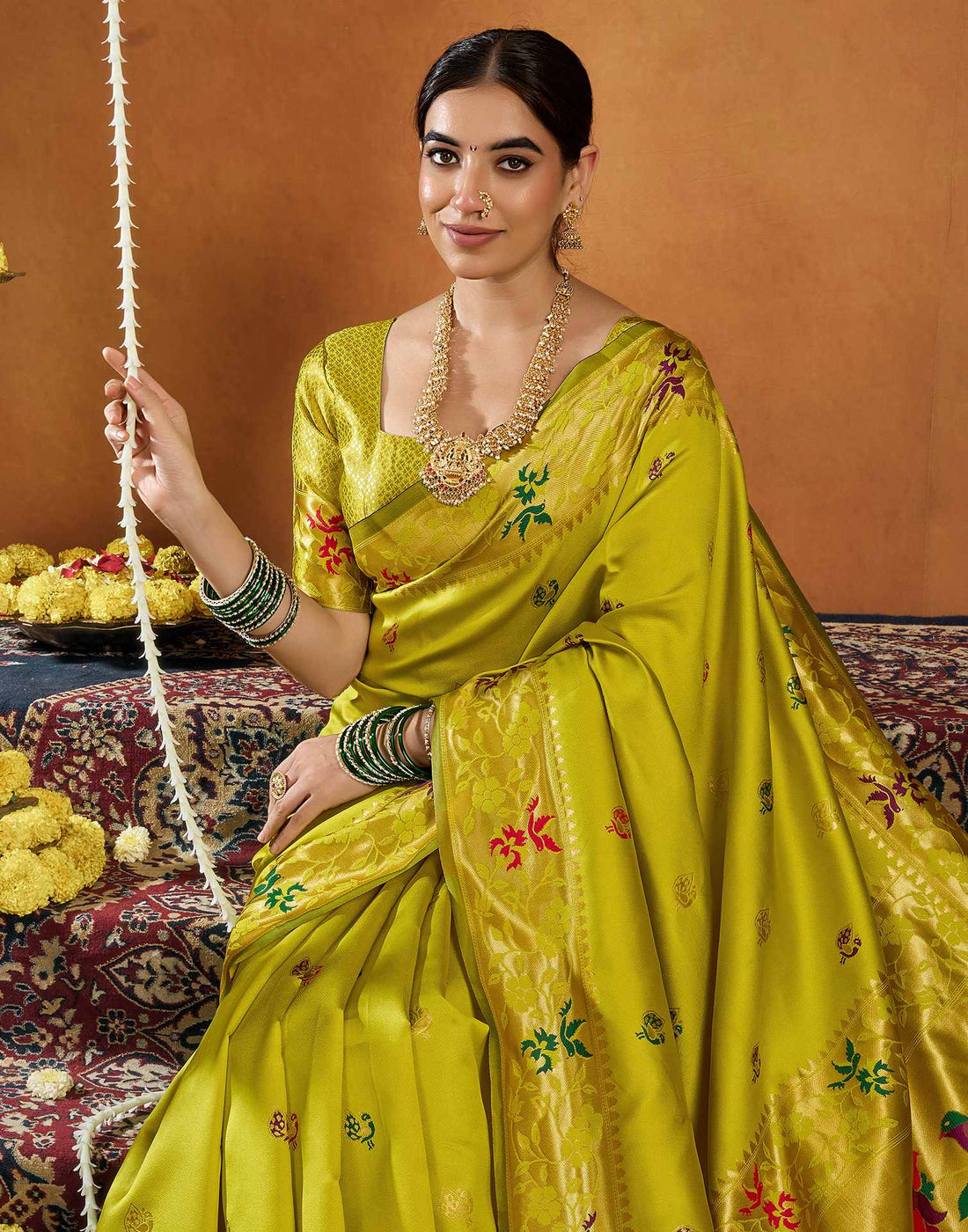 Lime Yellow Silk Woven Paithani Saree