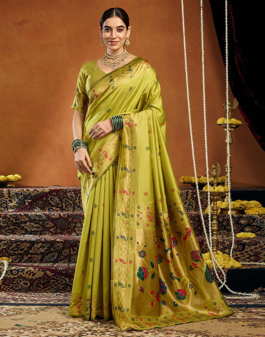 Lime Green Silk Woven Paithani Saree