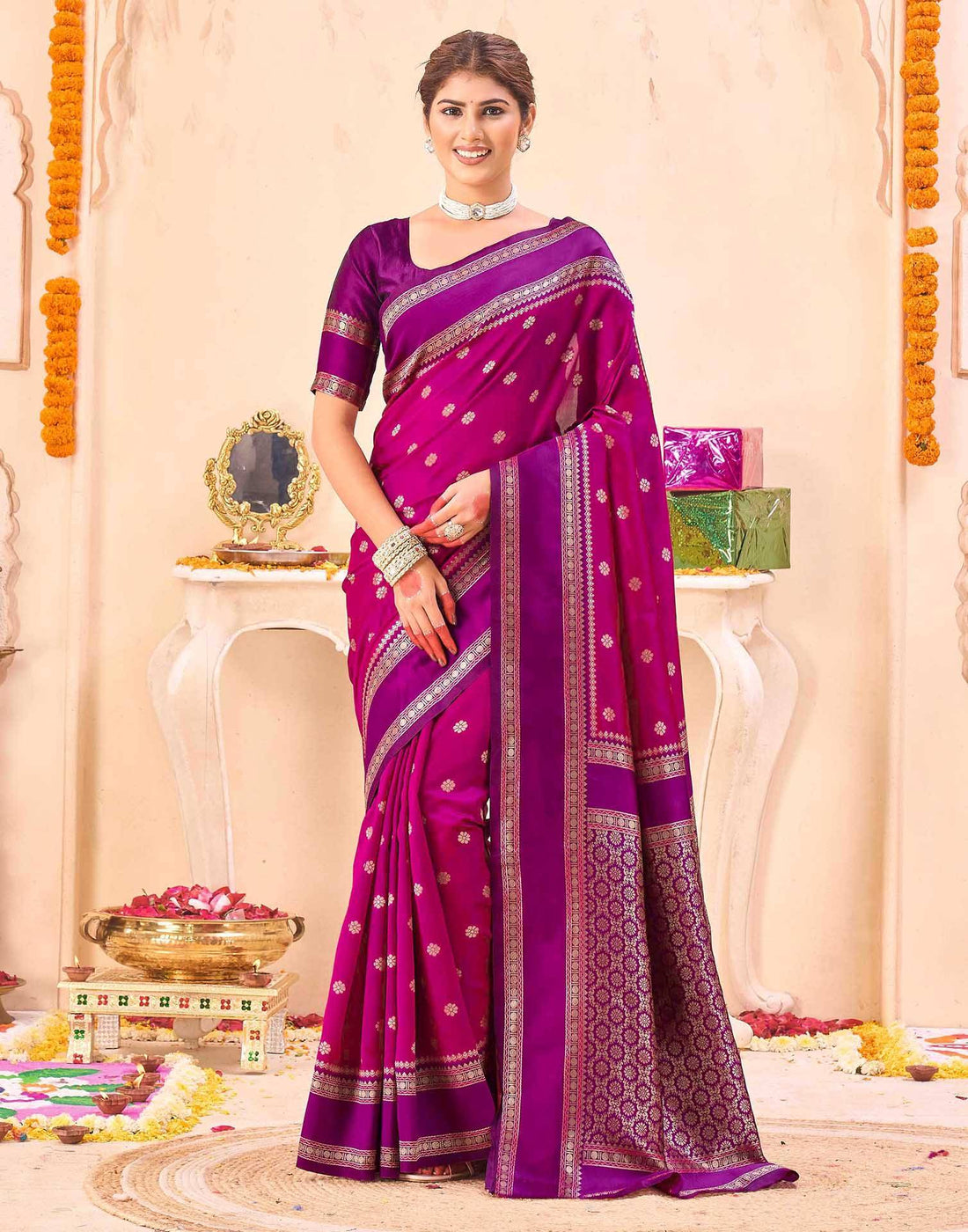 Magenta Silk Woven Banarasi Saree