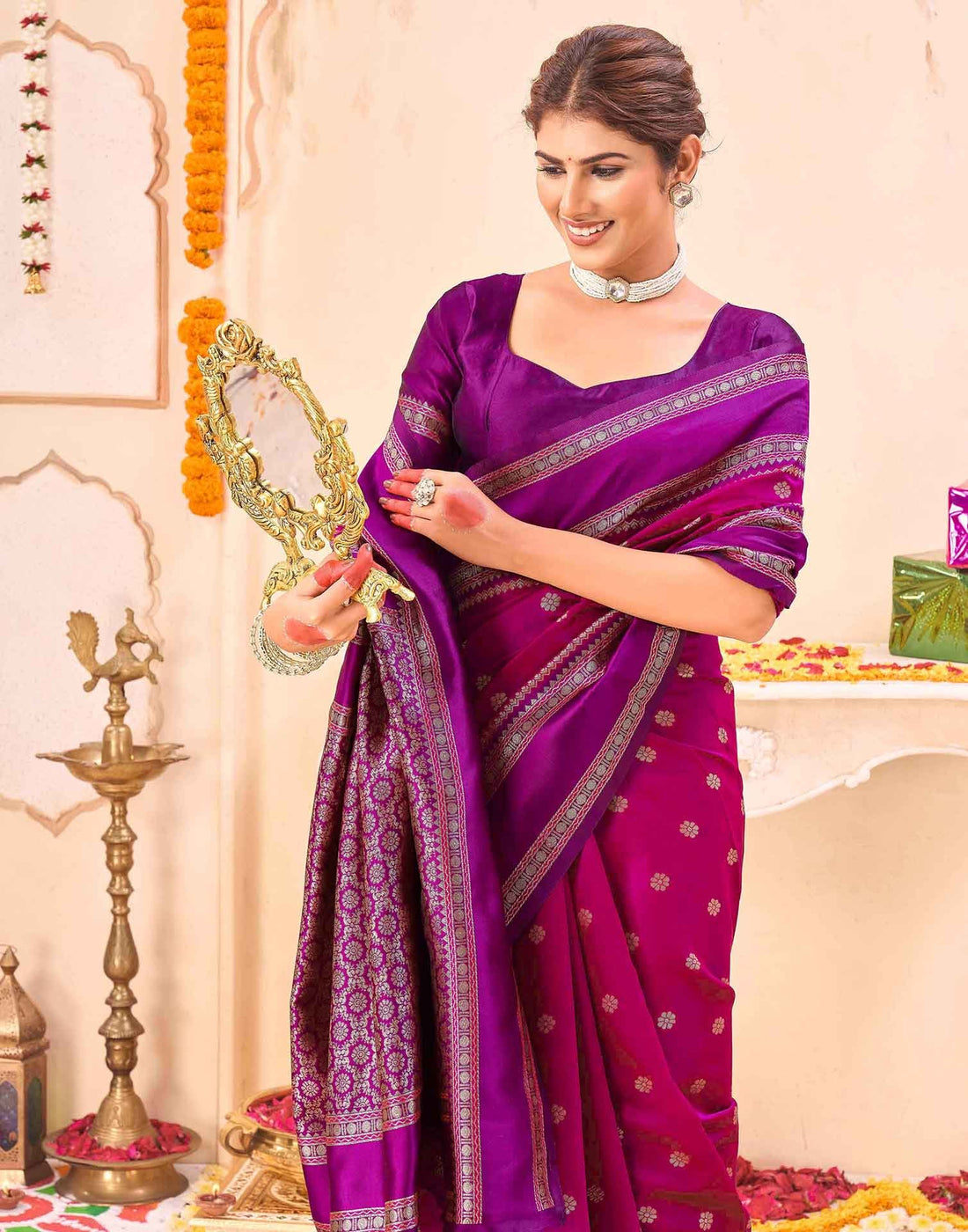 Magenta Silk Woven Banarasi Saree