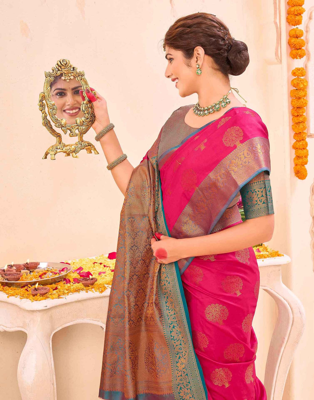 Pink Silk Woven Banarasi Saree