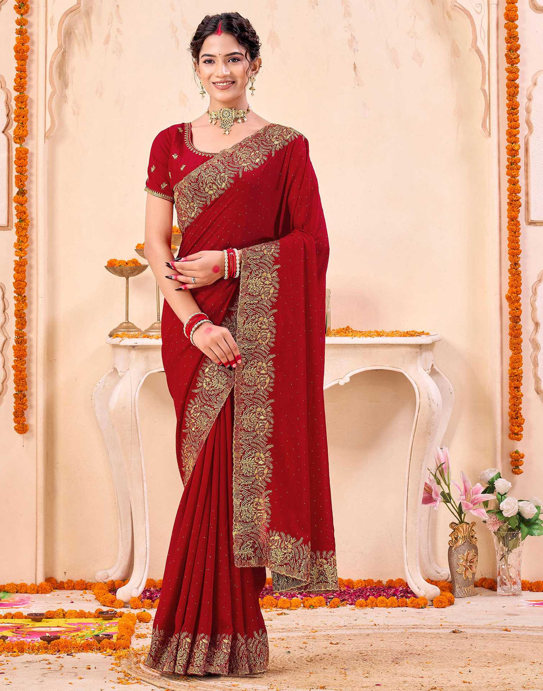 Red Silk Embroidery Embellished Saree