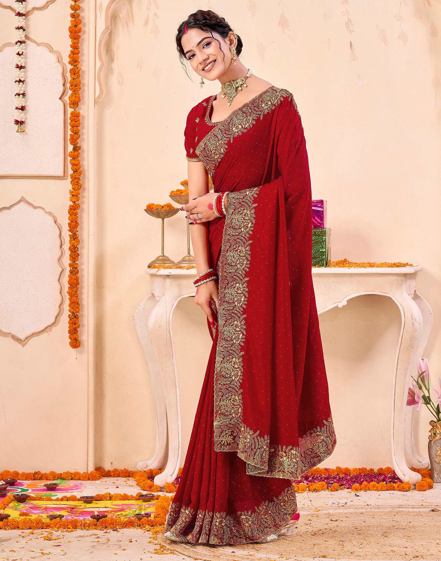 Red Silk Embroidery Embellished Saree