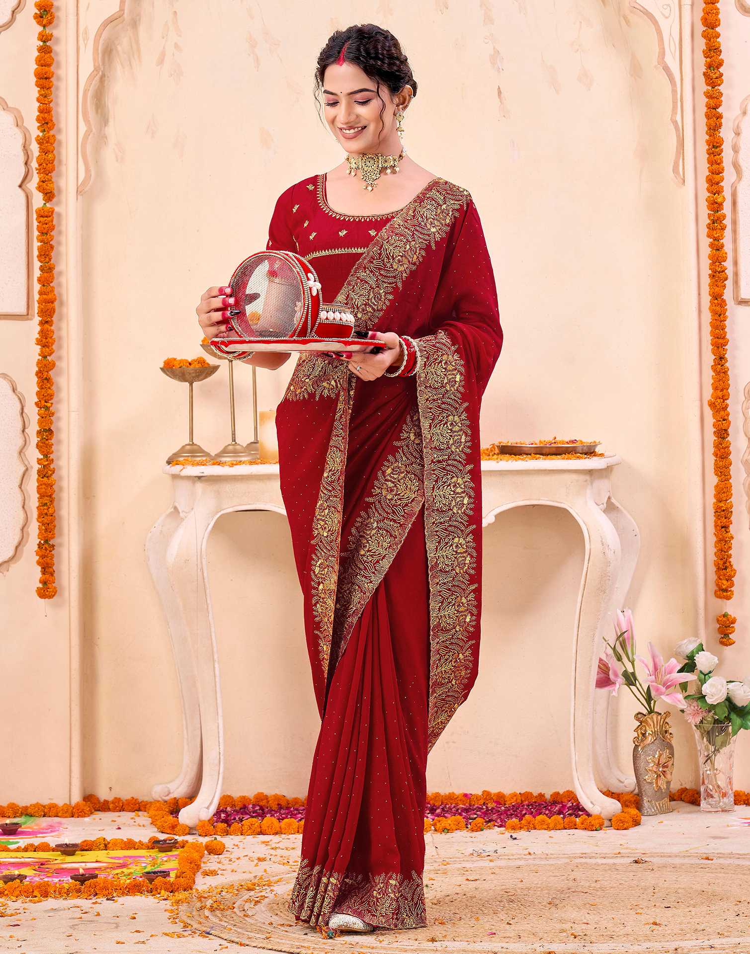 Red Silk Embroidery Embellished Saree