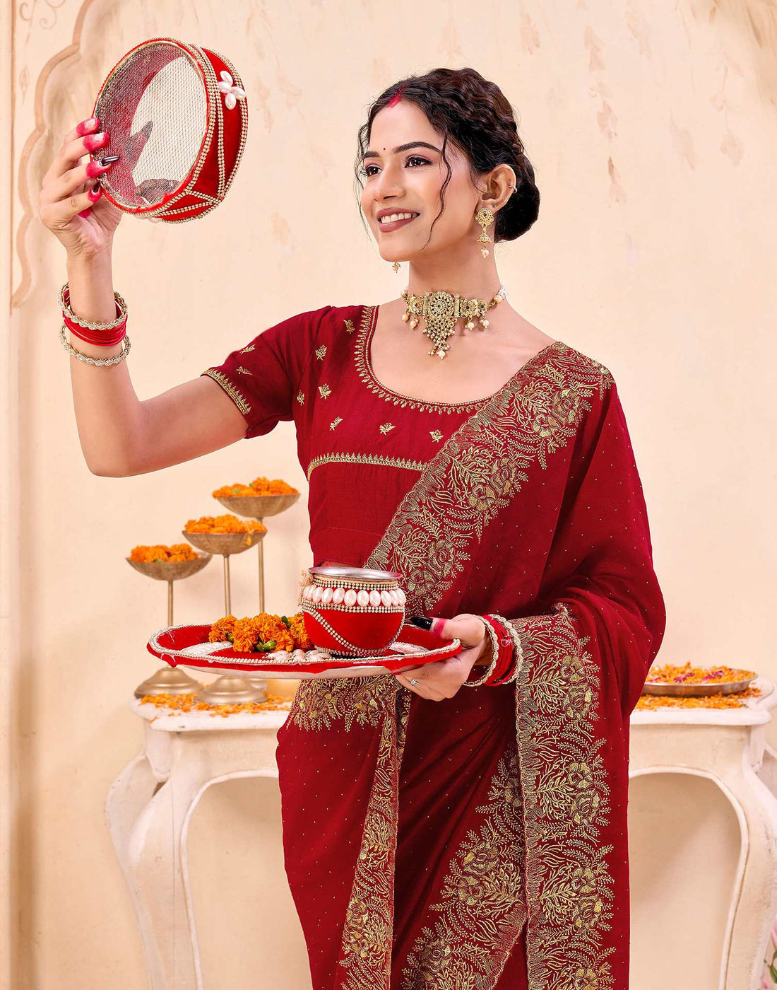 Red Silk Embroidery Embellished Saree