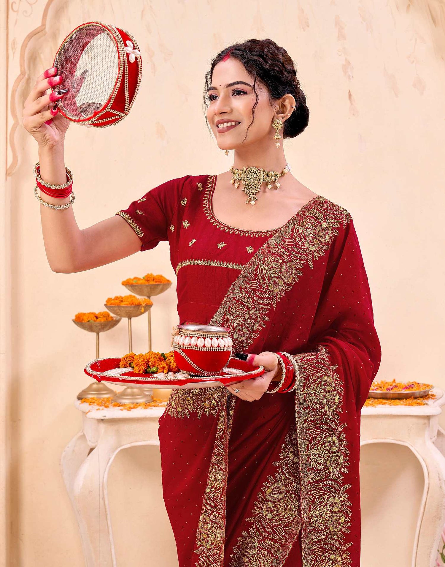 Red Silk Embroidery Embellished Saree