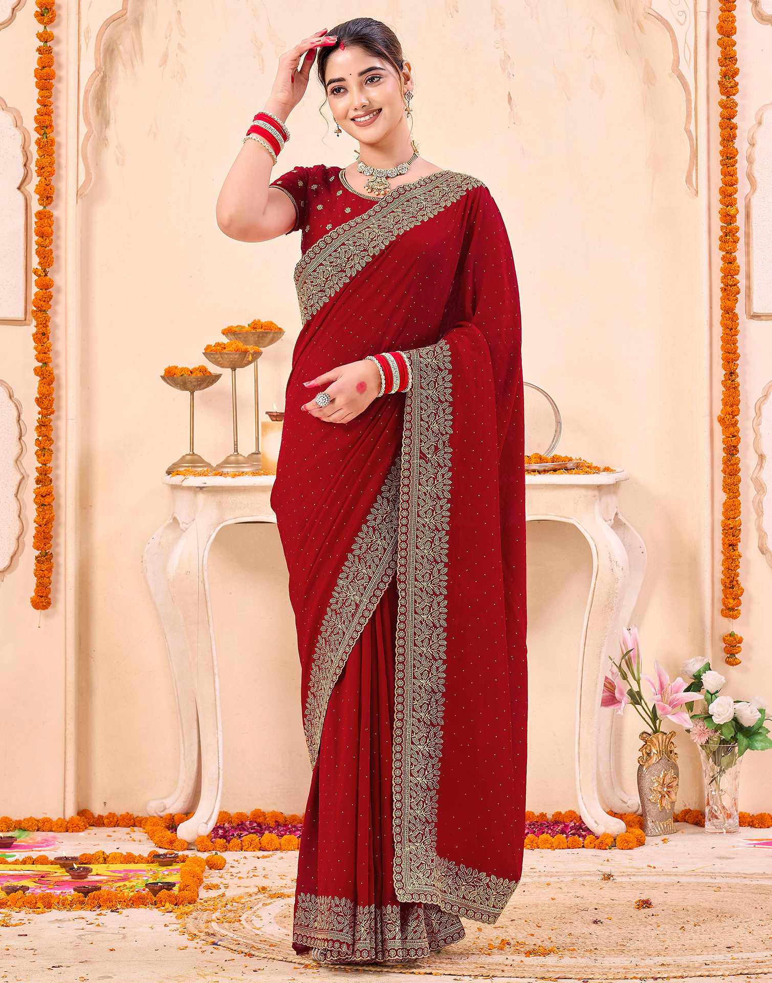 Red Silk Embroidery Embellished Saree