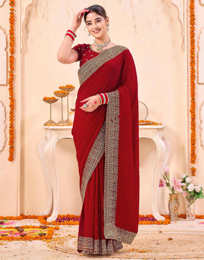 Red Silk Embroidery Embellished Saree