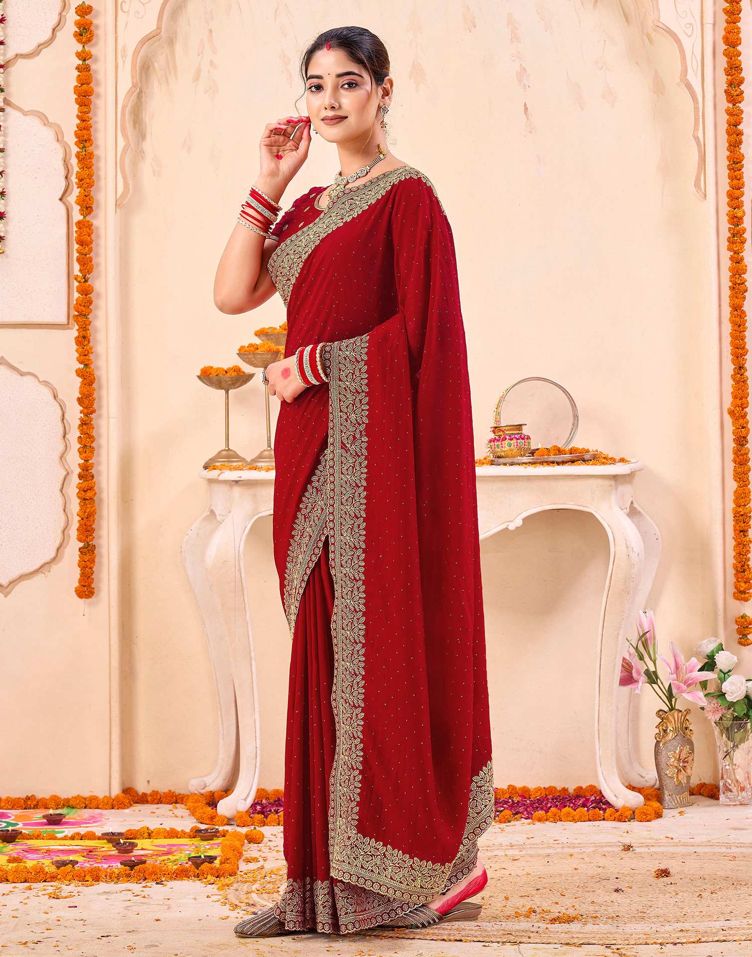 Red Silk Embroidery Embellished Saree