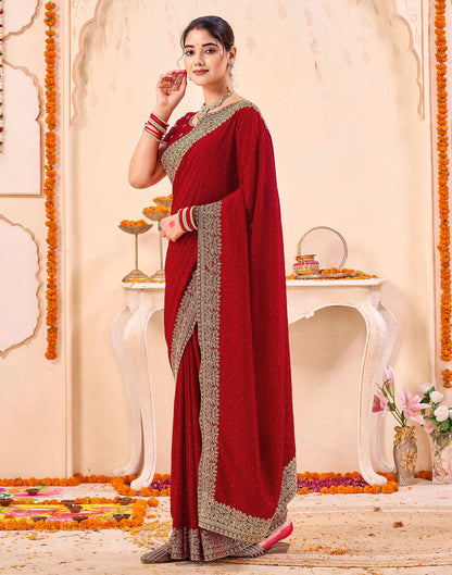 Red Silk Embroidery Embellished Saree