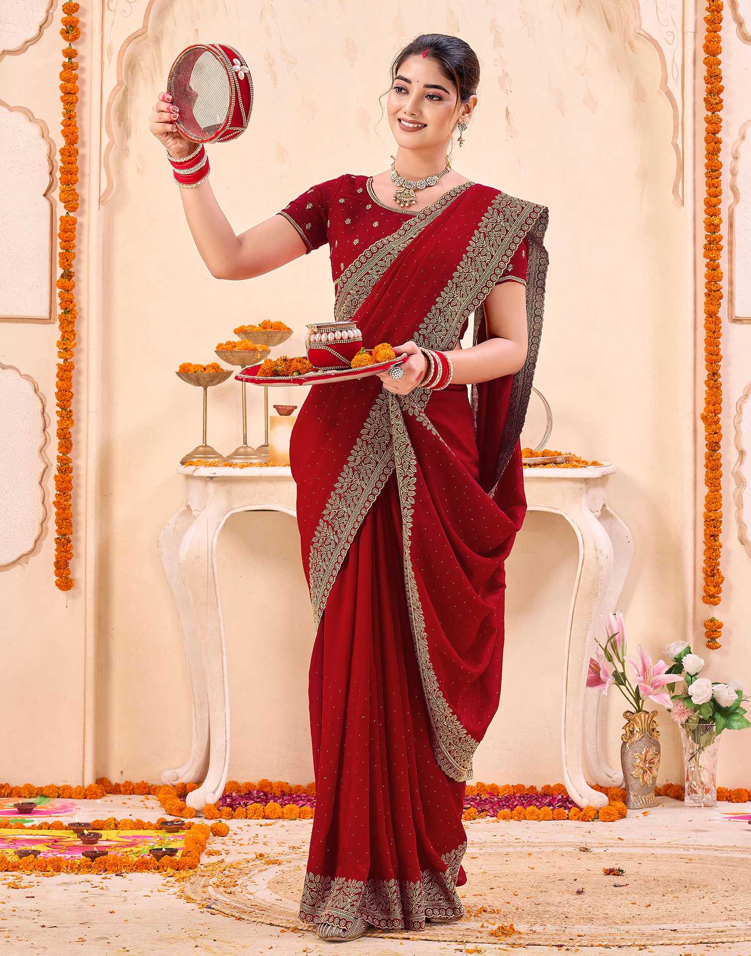 Red Silk Embroidery Embellished Saree