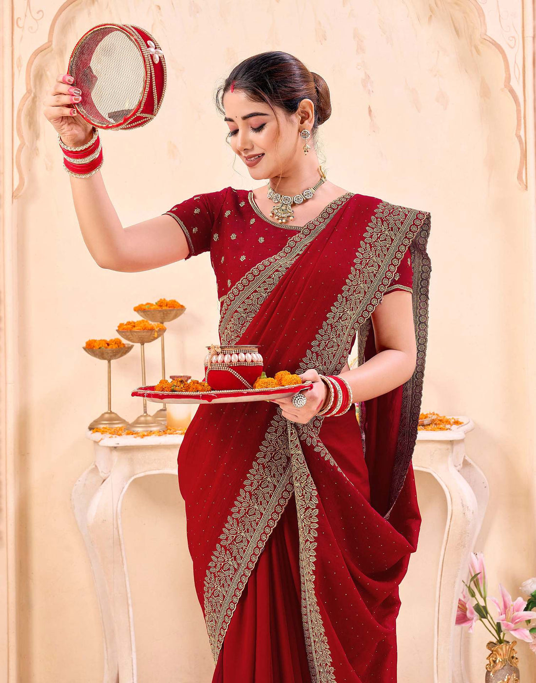 Red Silk Embroidery Embellished Saree