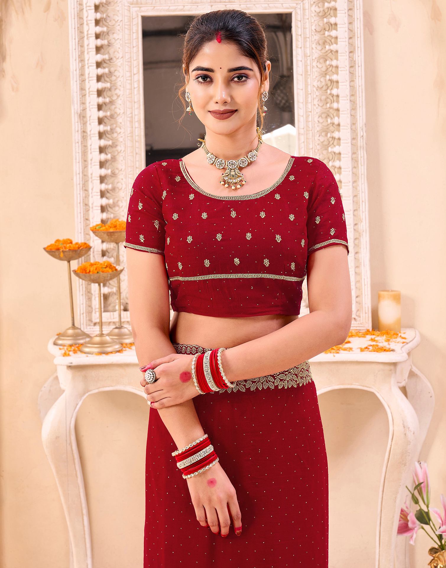 Red Silk Embroidery Embellished Saree