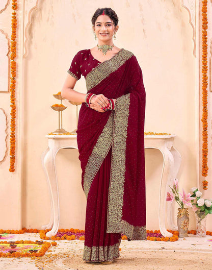 Dark Red Silk Embroidery Embellished Saree