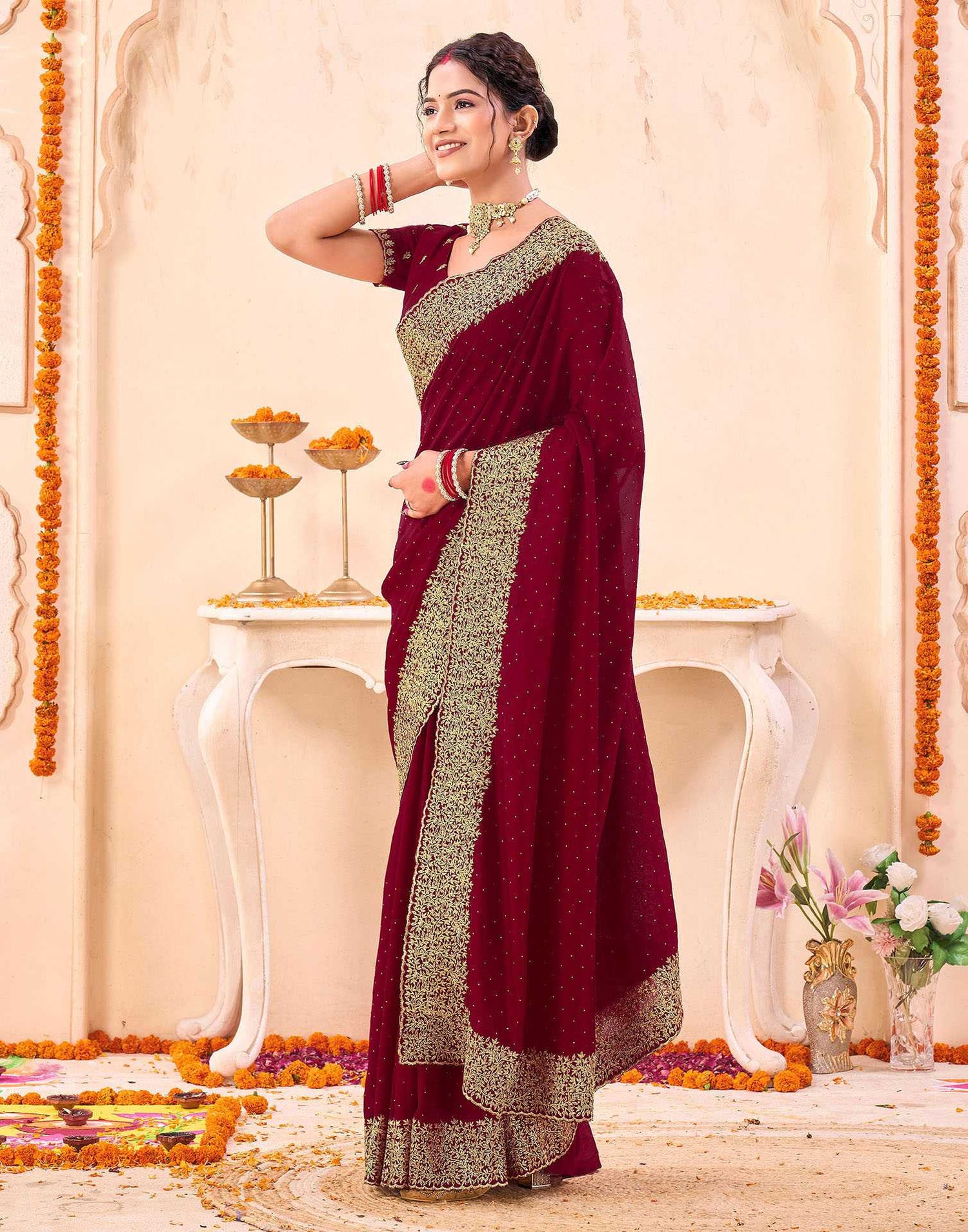Dark Red Silk Embroidery Embellished Saree