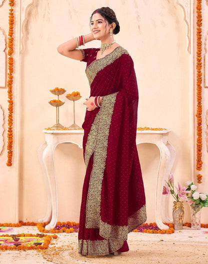 Dark Red Silk Embroidery Embellished Saree