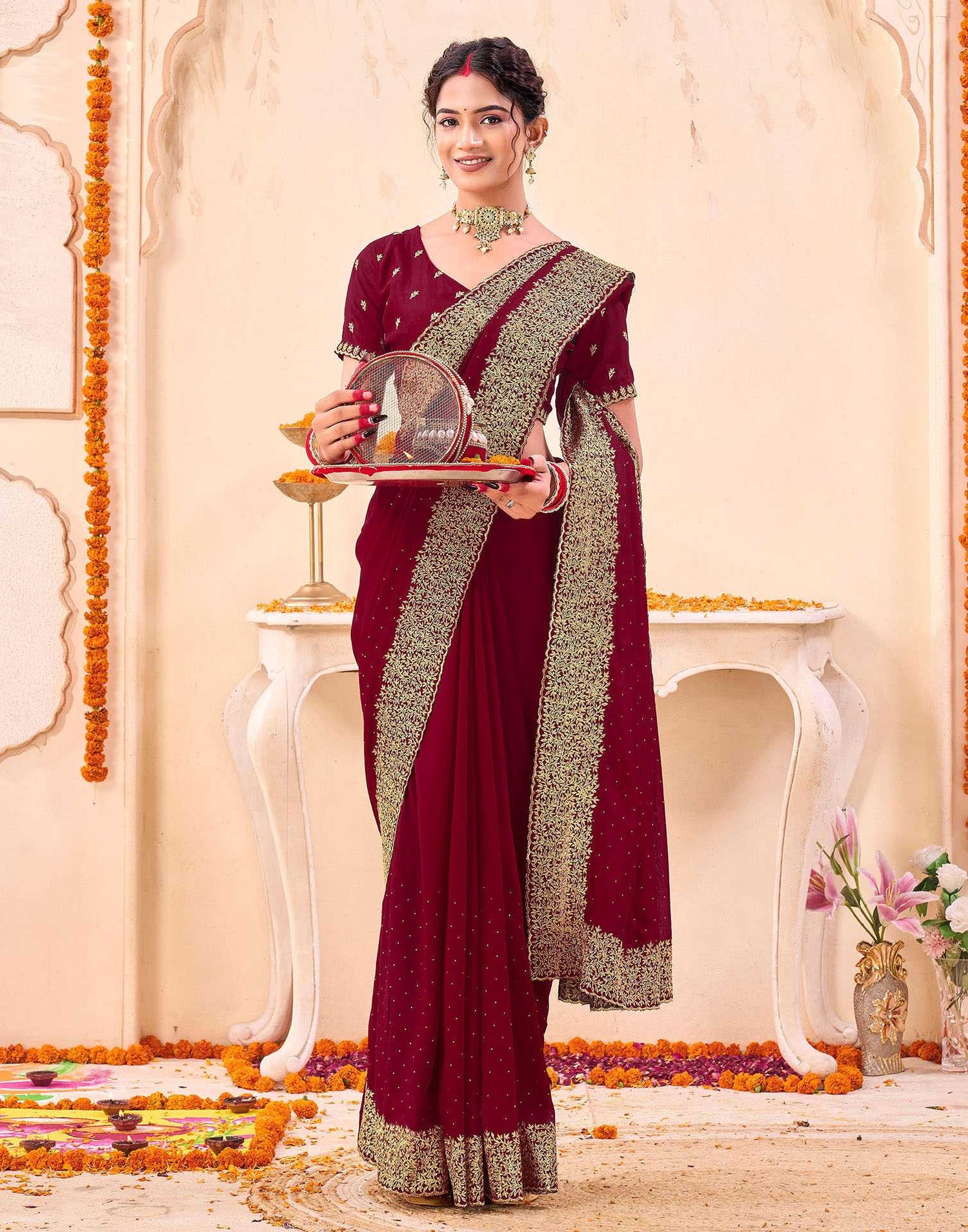 Dark Red Silk Embroidery Embellished Saree