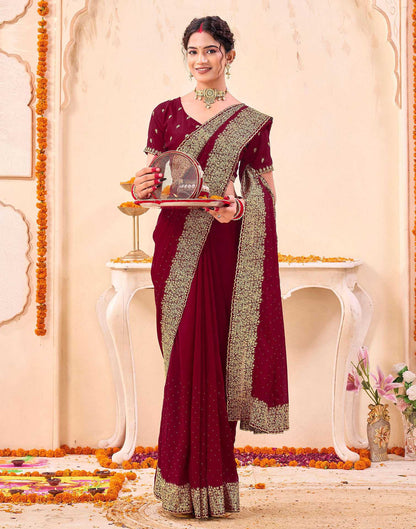 Dark Red Silk Embroidery Embellished Saree
