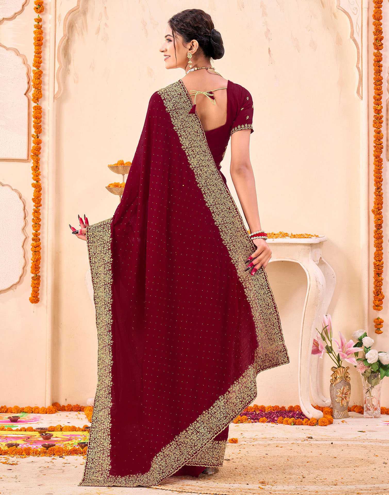 Dark Red Silk Embroidery Embellished Saree