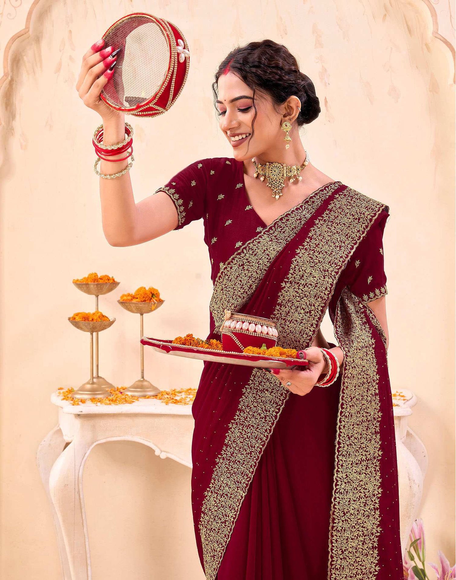 Dark Red Silk Embroidery Embellished Saree