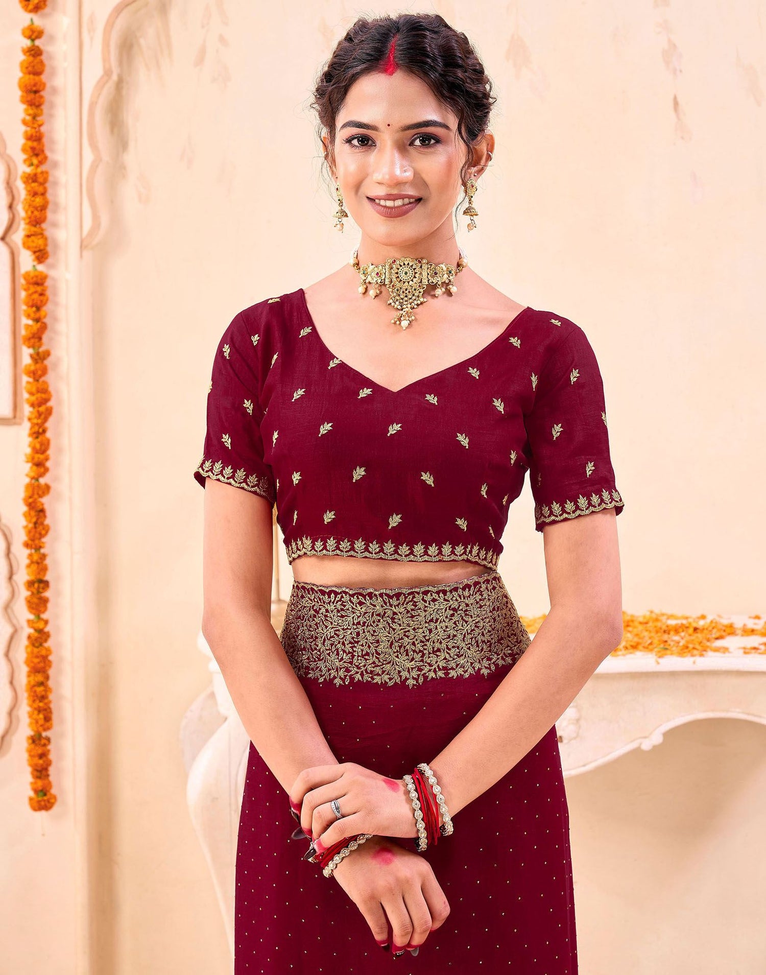 Dark Red Silk Embroidery Embellished Saree