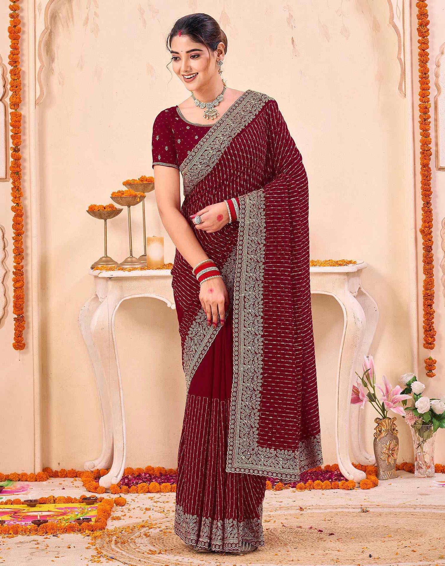 Dark Red Silk Embroidery Embellished Saree