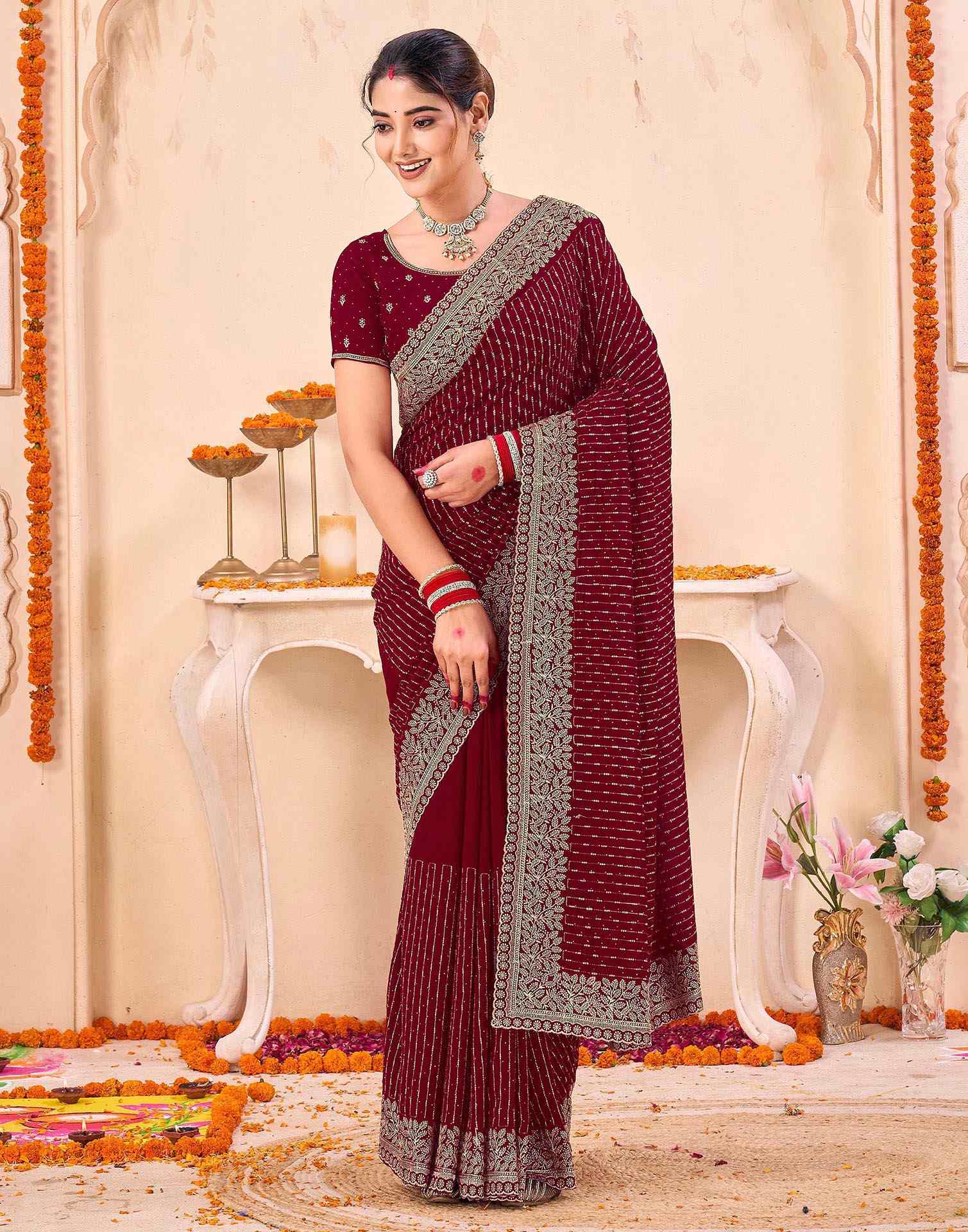 Dark Red Silk Embroidery Embellished Saree